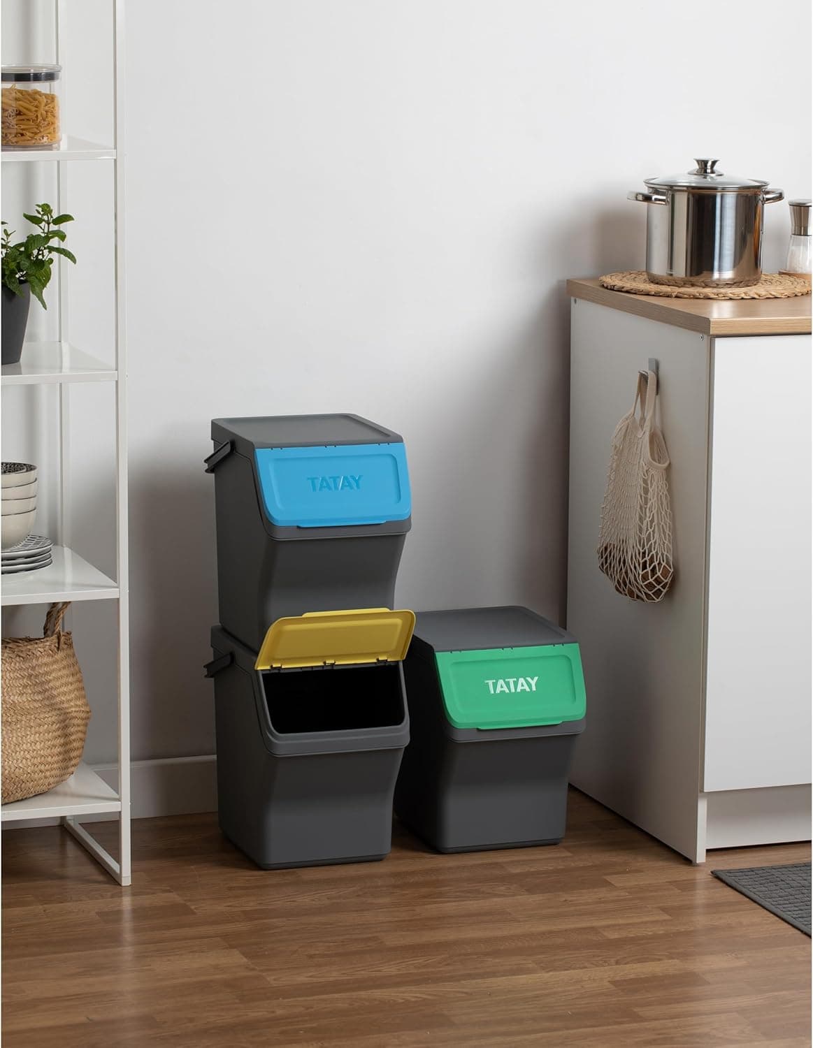 TATAY Caixotes do lixo de reciclagem Easy Waste 20 L | Conjunto de 3 | design modular e empilhável, tampa com sistema de clique, pega de transporte integrada, feito de material reciclado, 35 x 27 x 36