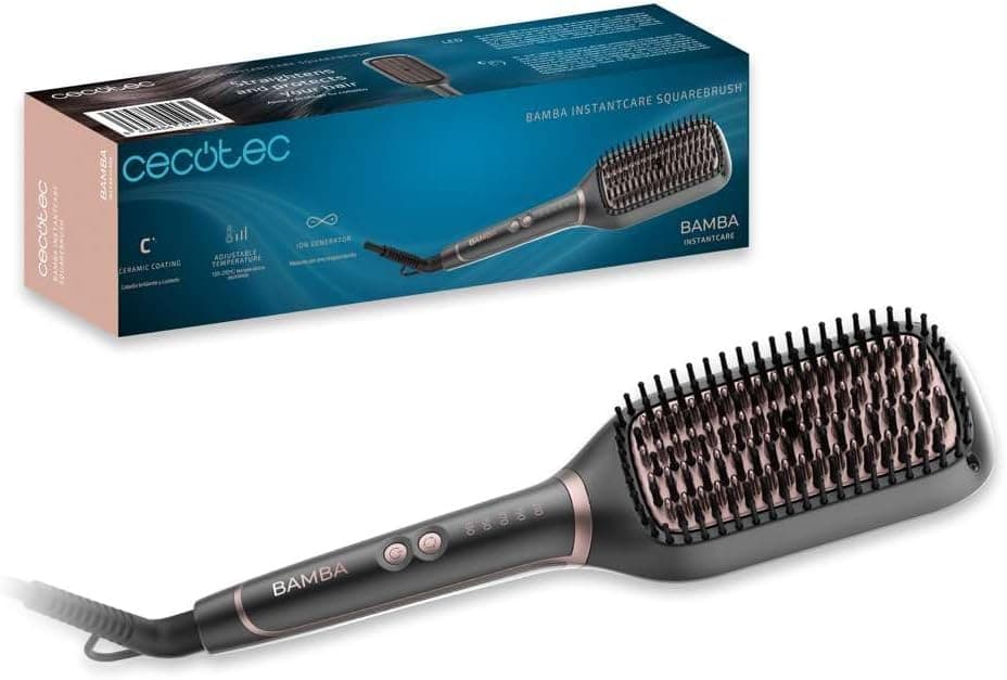 Cecotec Escova de alisamento elétrica - forma quadrada InstantCare SquareBrush. 50 W, temperatura regulável (130 - 210 ºC), revestimento de cerâmica, gerador de iões e cabo rotativo de 360 °