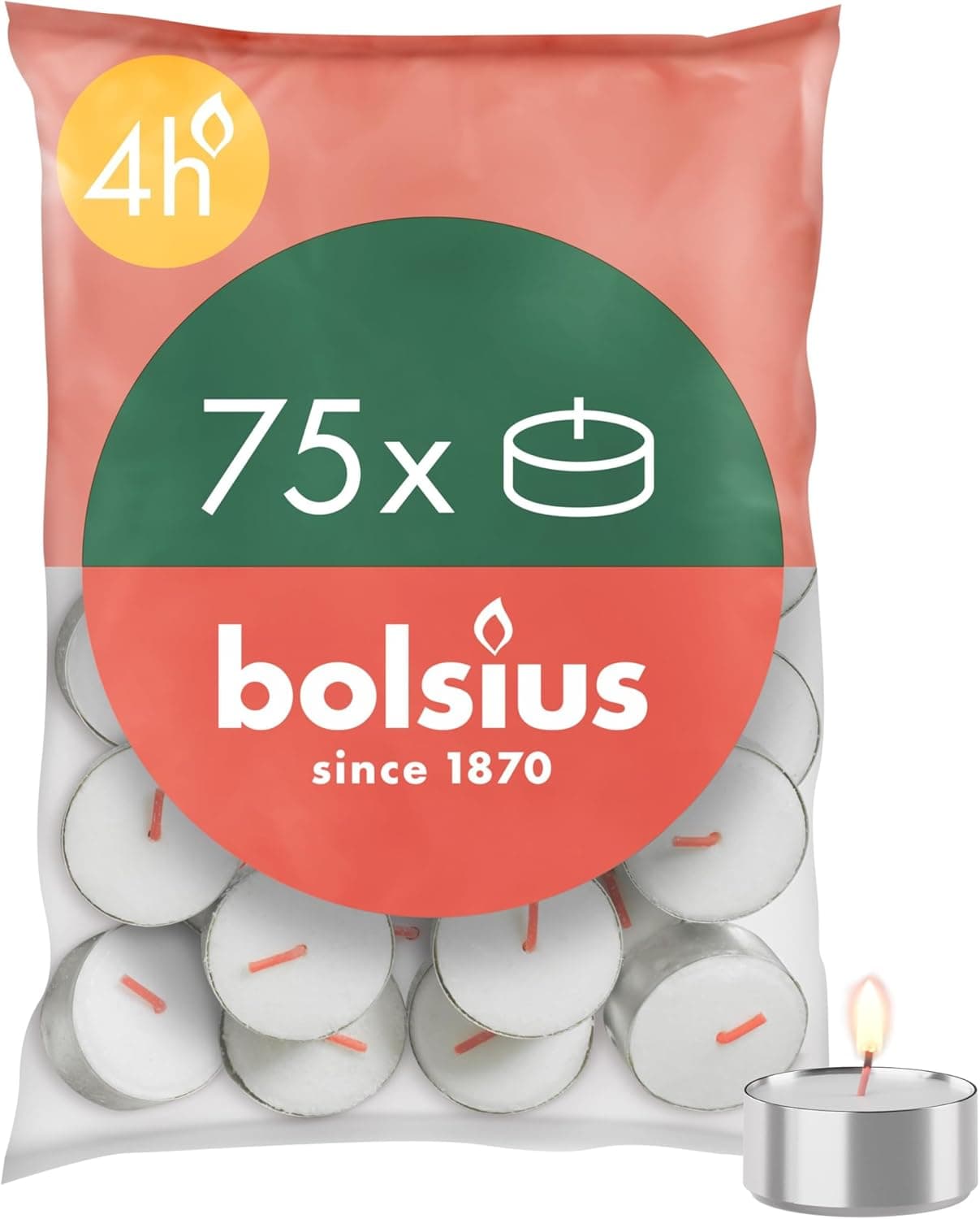 Bolsius - Velas de chá - 75 unidades - Duração de combustão: 4 horas - velas decorativas para a casa - contém cera vegetal natural - sem óleo de palma