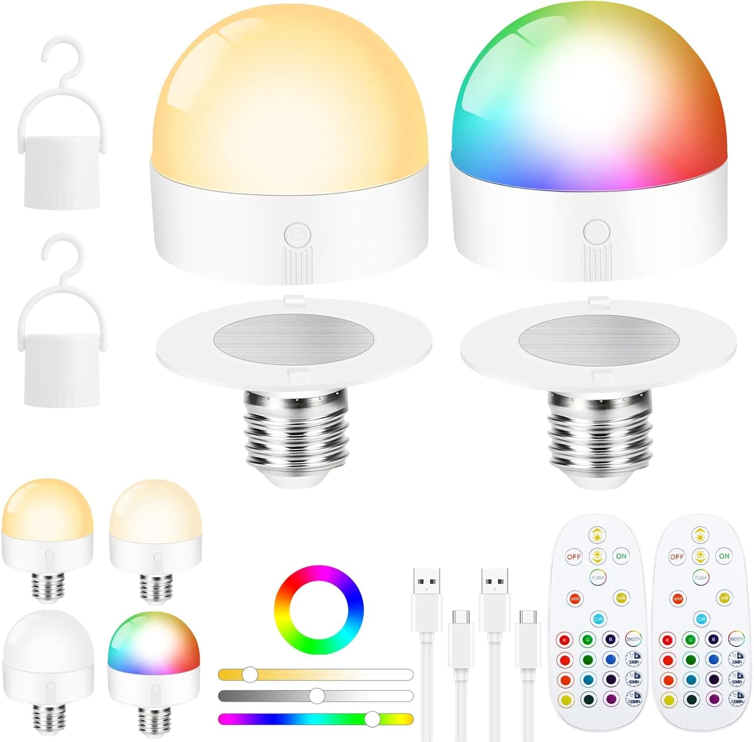 Vemfay Lâmpada recarregável USB-C, 6 W lâmpada LED e27 regulável, lâmpadas recarregáveis USB com controlo tátil com função de temporização, luz de emergência com gancho (3000/4000/6000 K)