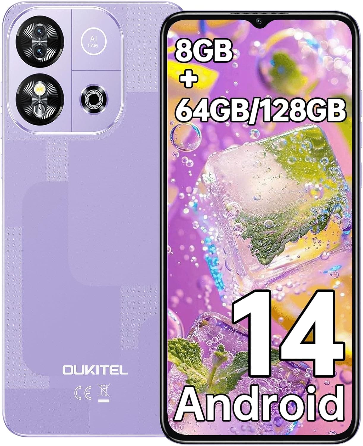 OUKITEL C57S Telefones celulares livres - telemóveis Android 14 6,52" ecrã HD telemóvel inteligentes Smartphone 8 GB RAM 64 GB ROM/128 GB 4300 mAh câmara 13 MP dupla 4G SIM Face ID