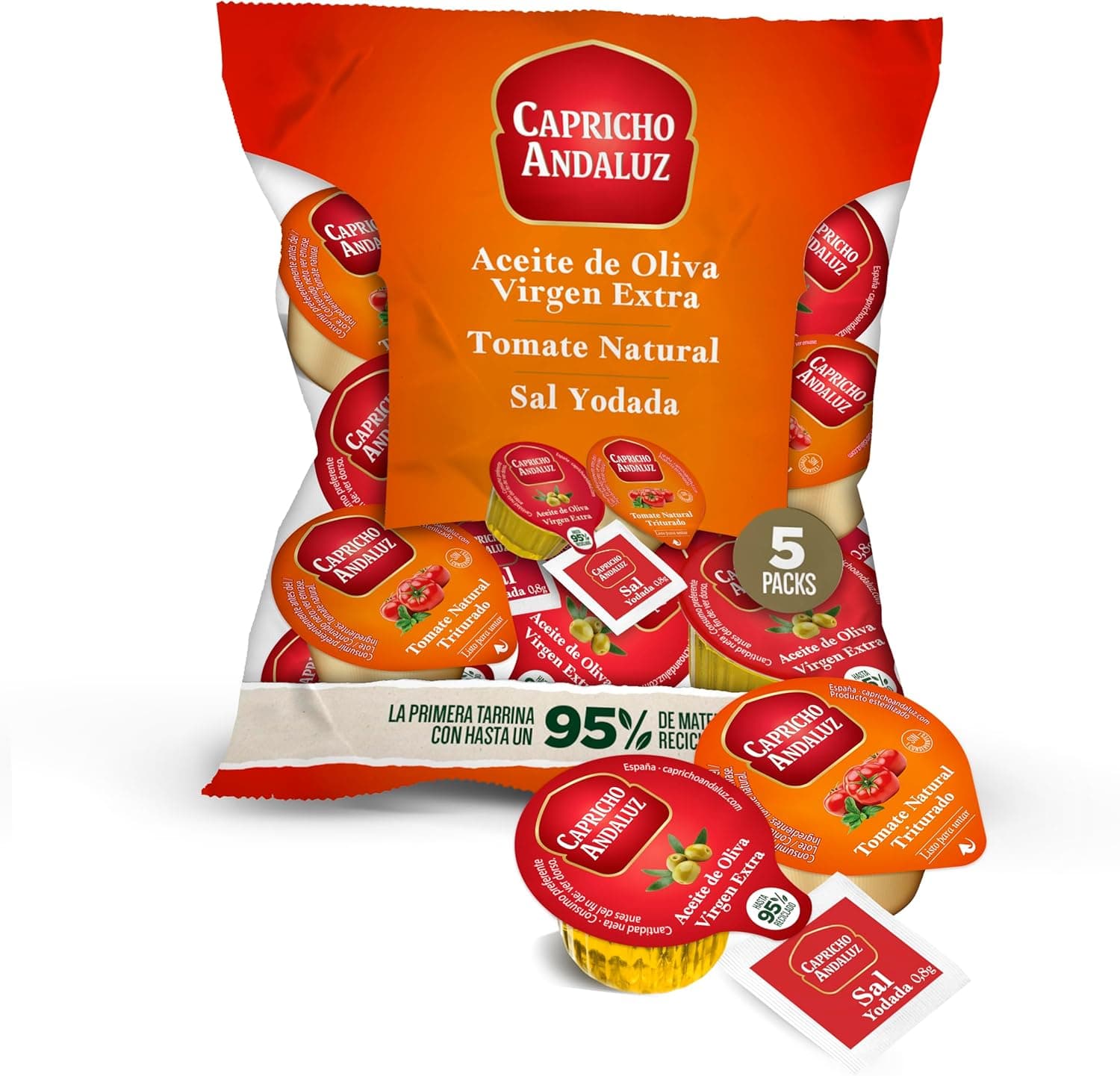 CAPRICHO ANDALUZ Conjunto de azeite de oliva virgem extra, tomate e sal saco de 5 unidades em monoodose de cada produto: traz sabor às suas refeições, ideal para levar para todos os lugares.