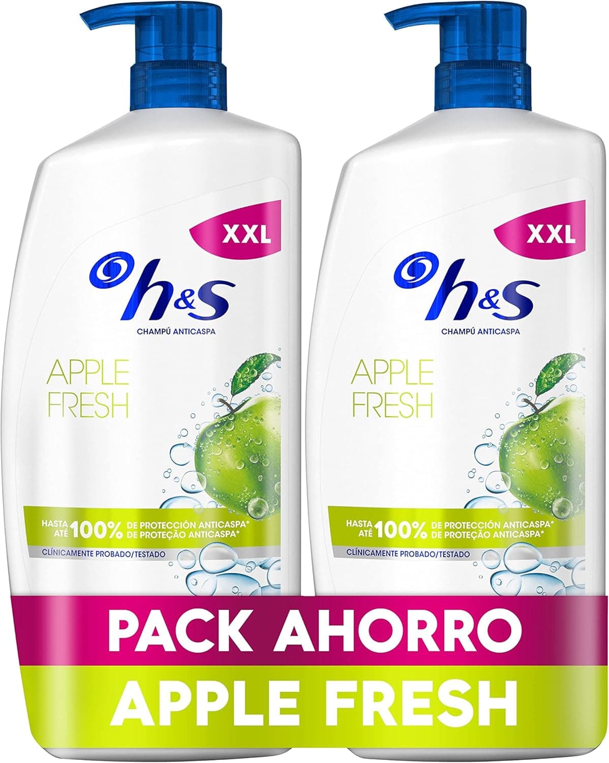H&S Apple Fresh Shampoo anti-caspa 2 x 1000 ml com dispensador para uso diário. Até 100% de proteção anti-caspa, testada clinicamente. Para todos os tipos de cabelo e couro cabeludo. Frescor, aroma a