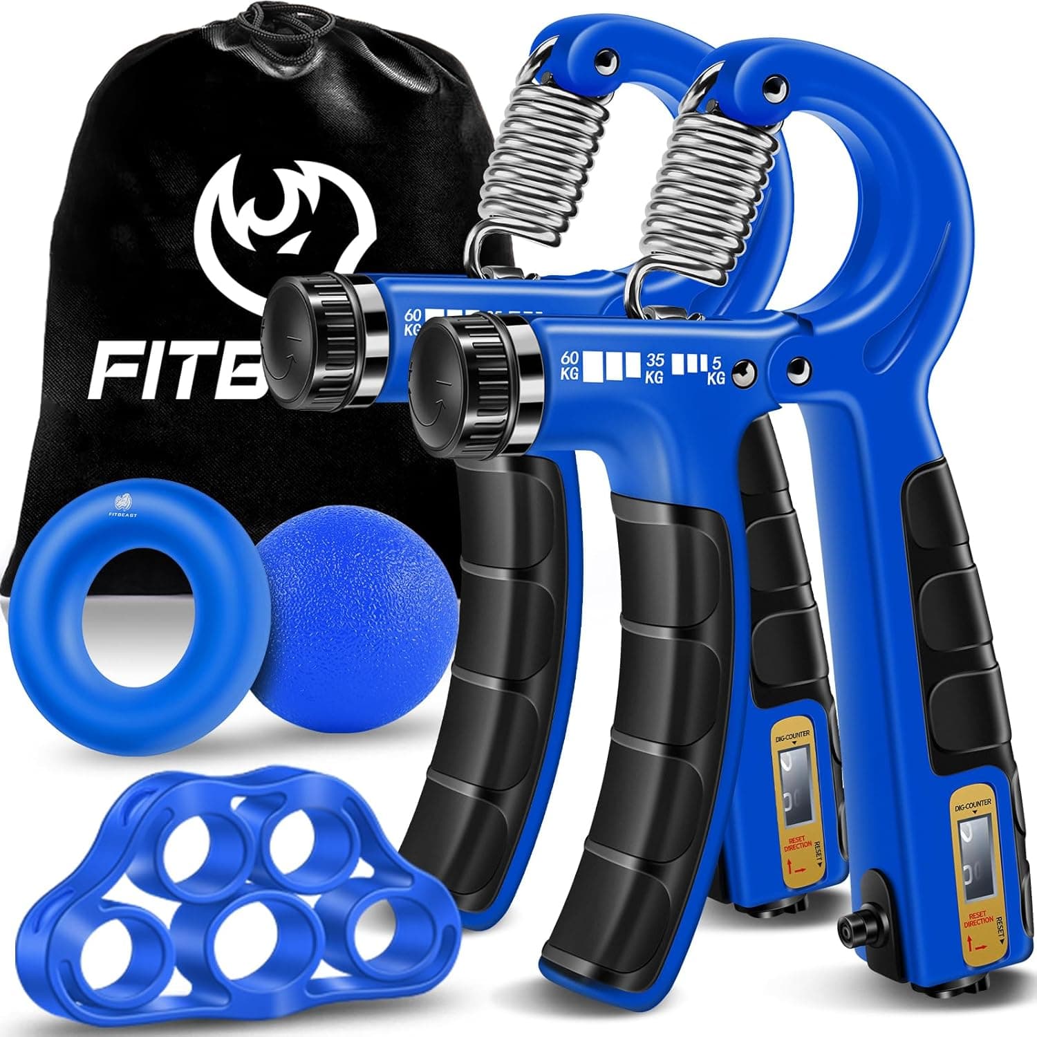 FitBeast Kit de treino para fortalecer aderência 5 peças, 2 resistência ajustável para anti-braço, extensor de dedos, anel de aderência e bola de alívio stress para atletas