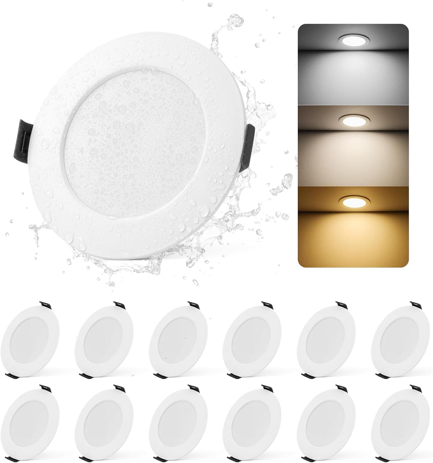 12 x Downlight LED redondo 5 W 400 LM, 3000 K/4000 K/6000 K Foco recarregável LED de teto extraplano, 75 - 90 mm IP44 focos LED interior teto