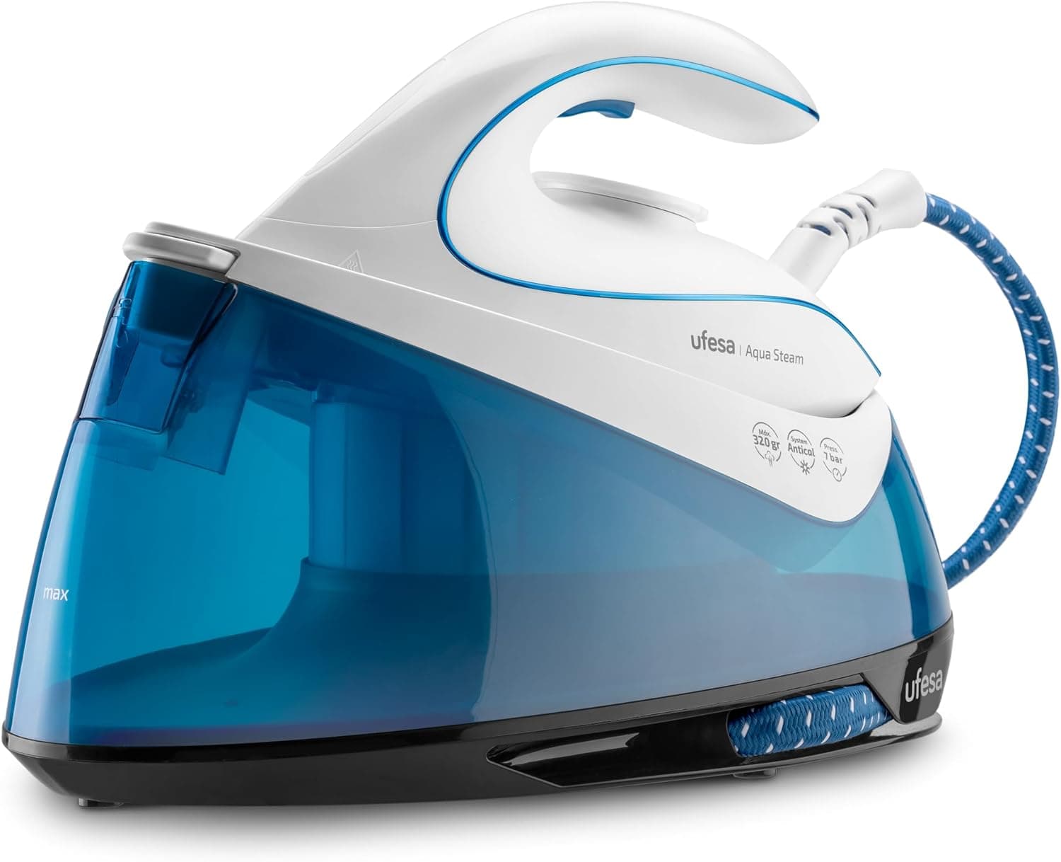 Ufesa Aqua Steam Centro de passar a ferro de 2400 W, 6 bares, golpe de vapor máximo 320 g e constante 120 g/min, sola cerâmica, sistema anticalcário