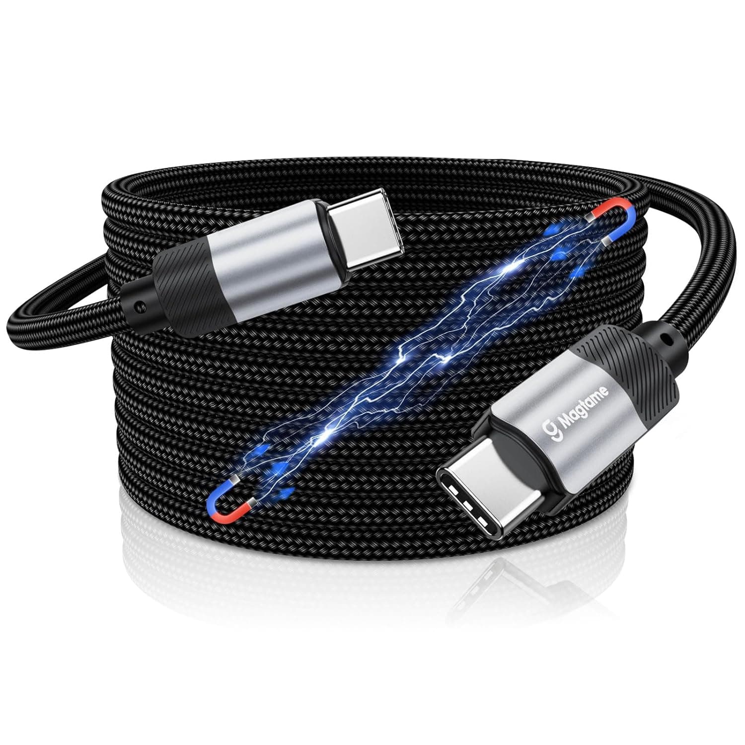 Magtame USB C Cabo, 1,5 m magnético USB C a USB C cabo 60 W (3A) em espiral tipo C cabo de carregamento rápido para Samsung, para Pad, para MacBook, design original produto de patente