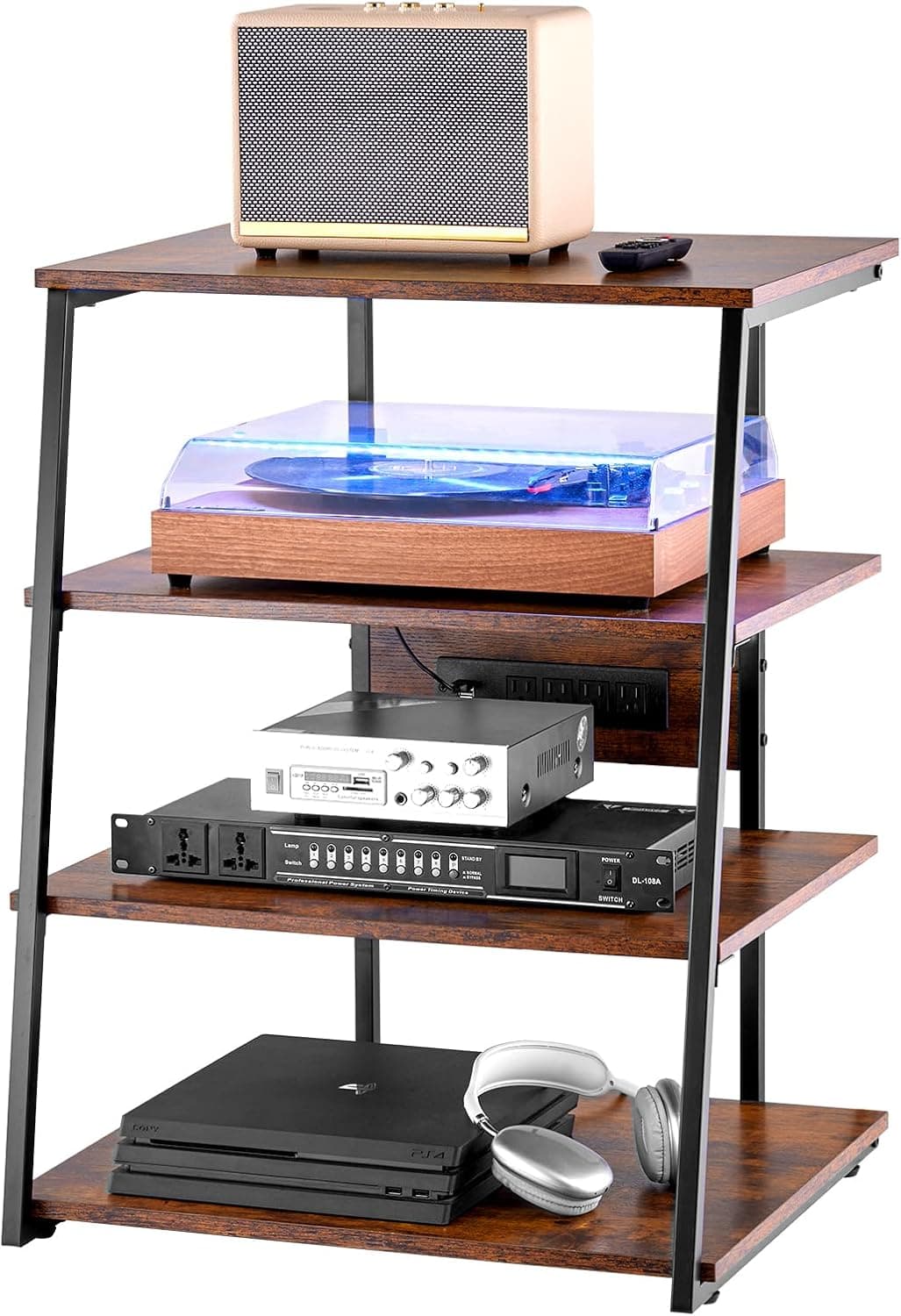 VEVOR Suporte de TV de canto de 4 níveis com tiras de tomadas, prateleiras de madeira de altura ajustável para leitores de DVD, decodificadores de cabo e consolas de jogos, cor castanha