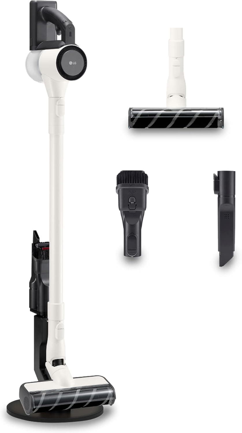 LG A9C-SLIM1C Aspirador de vassoura, cordzero, aspirador com sistema de compressão de pó, ciclismo, 150 W sucção, várias superfícies, base de estacionamento, 1,9 kg, branco