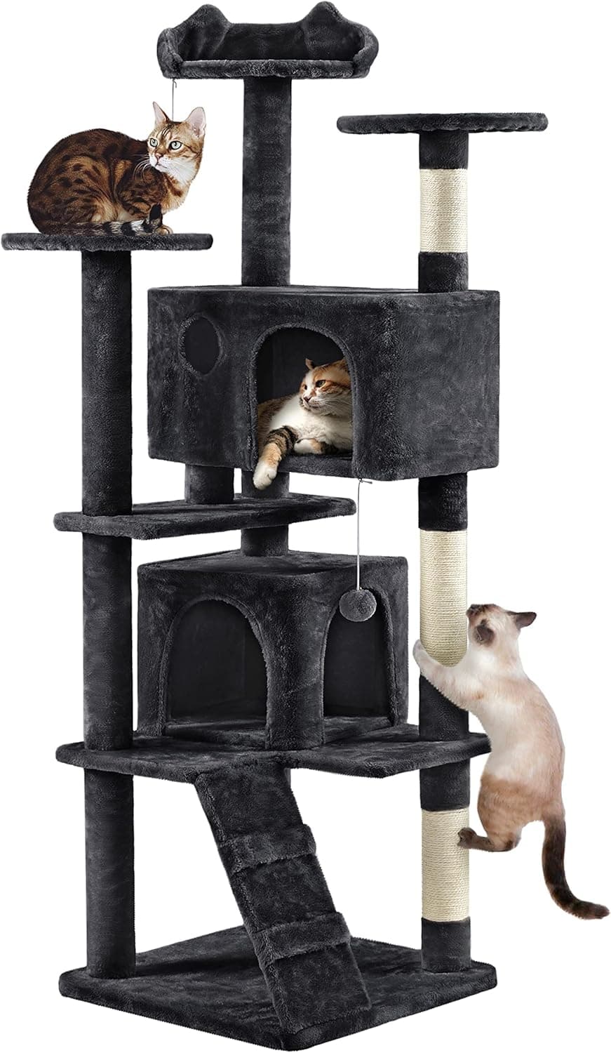 Yaheetech Árvore de raspador para gatos altura 178 cm torre para gatos multível com 3 plataformas 2 caverna para 3-4 gatos preto