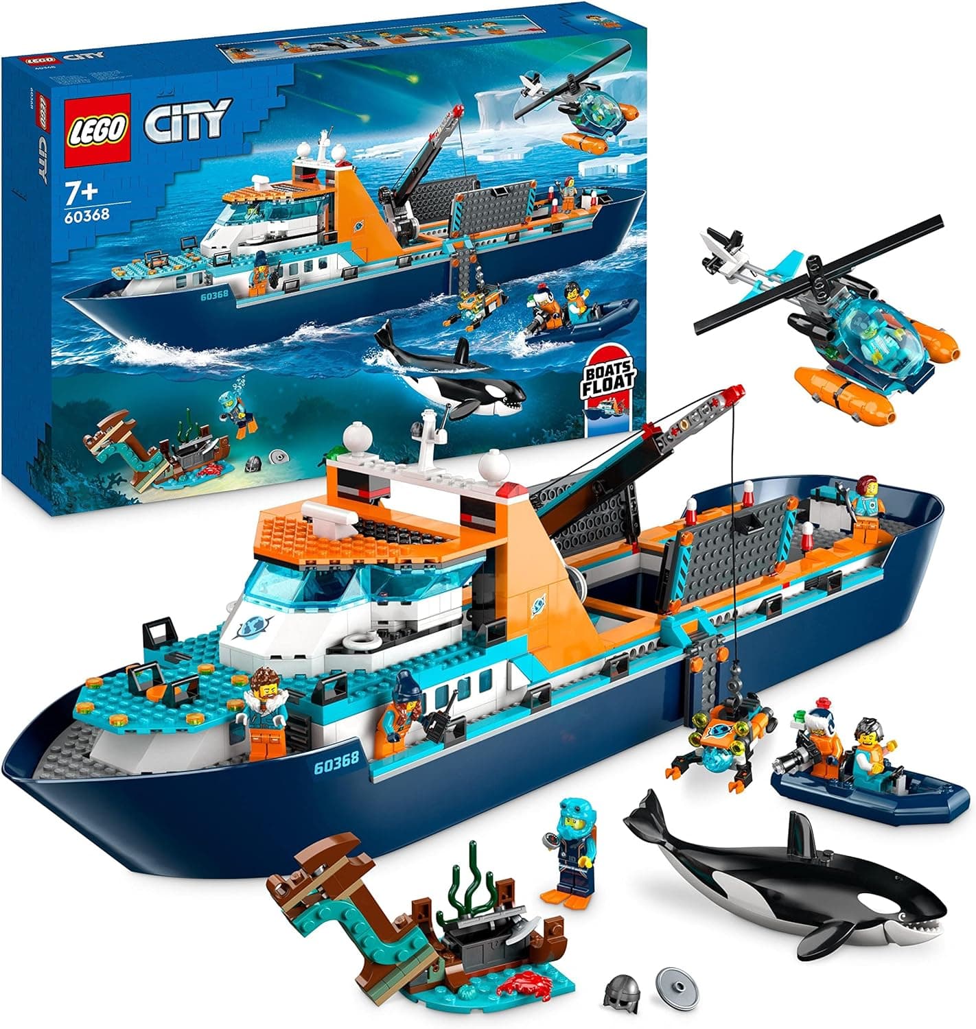 LEGO 60368 City Barco explorador do Ártico, barco grande de brinquedo que flutua com helicóptero, sub, naufrágio viking, minifiguras e uma figura de orquídea, presente para meninos e meninas de 7 anos