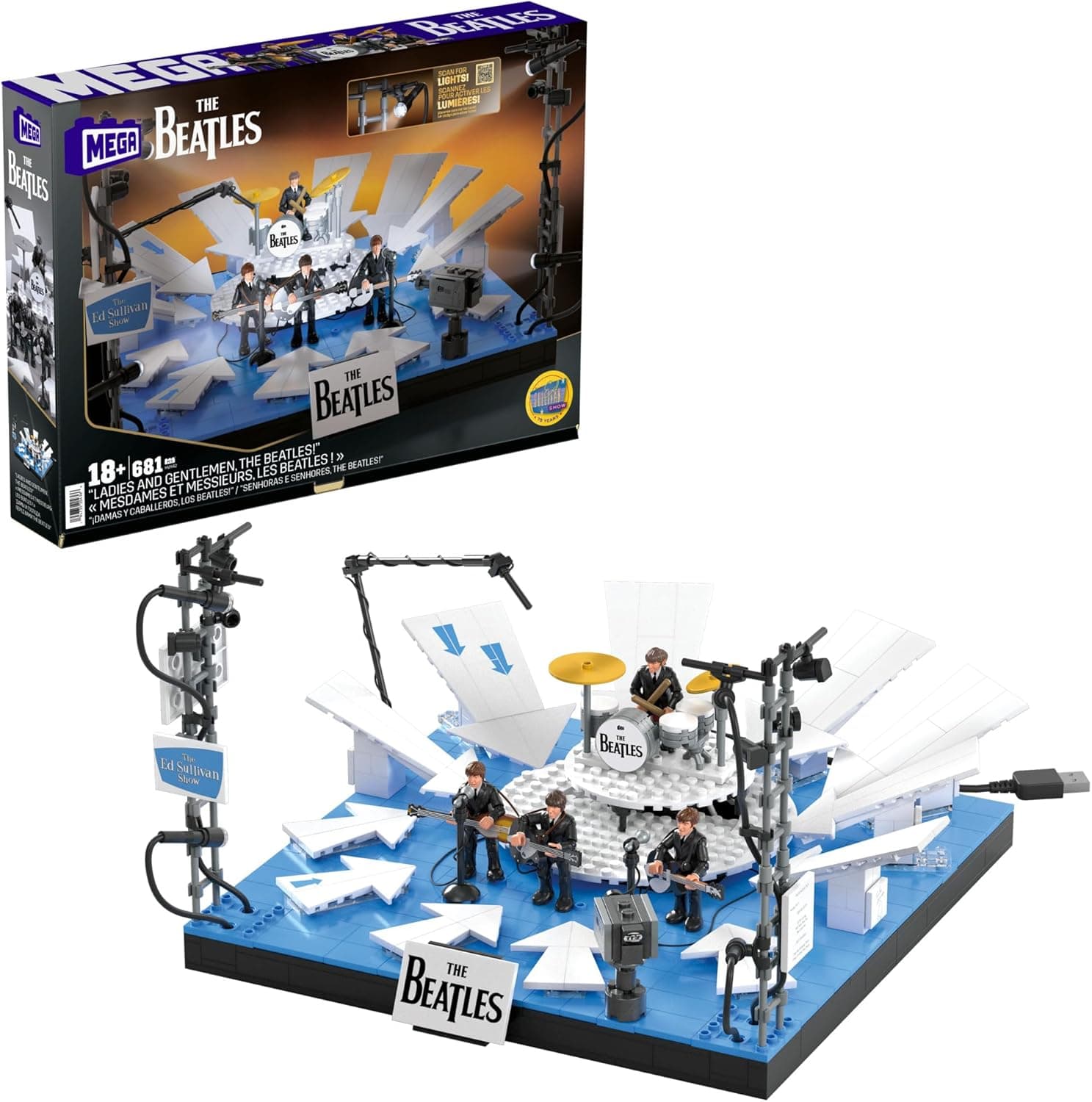 MEGA Conjunto de jogos dos Beatles no The Ed Sullivan Show, blocos de construção com luzes LED, 681 peças, brinquedo de coleção (HV42)