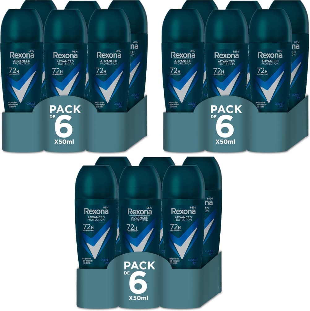 Rexona Advanced Protection Cobalt Dry | Desodorizante roll-on para homem 72 horas, 18 x 50 ml