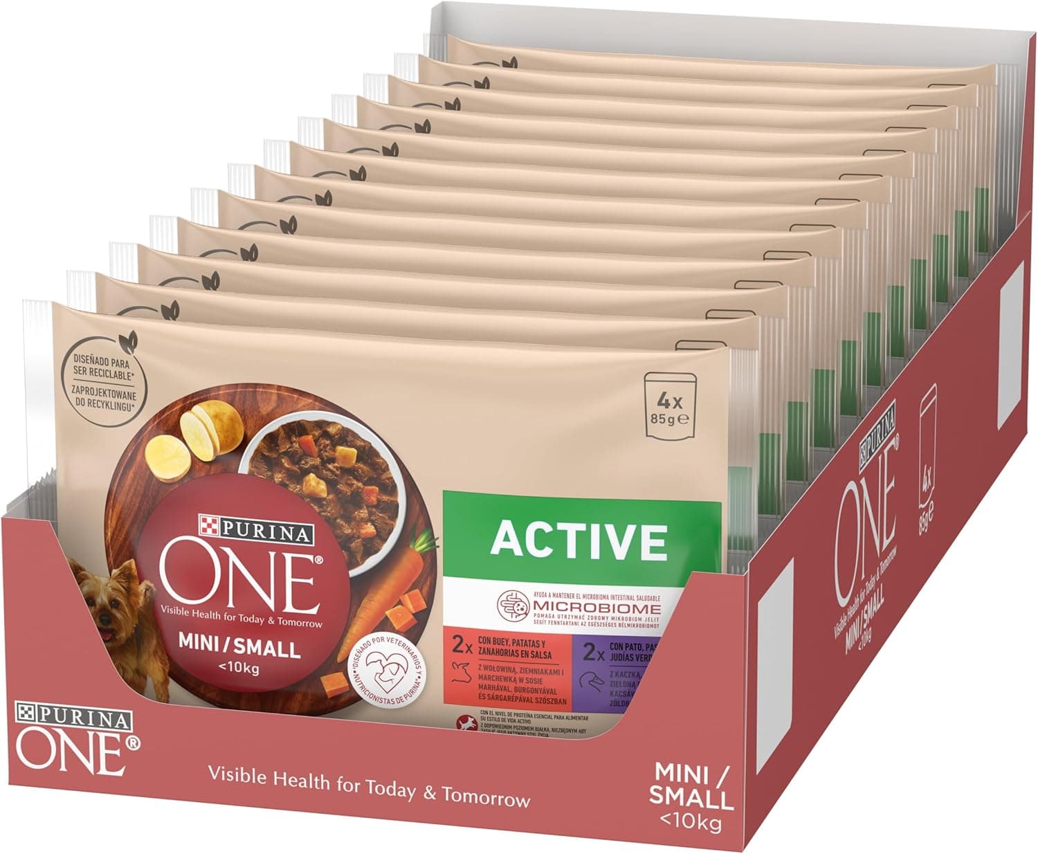 Purina ONE Mini <10kg | Comida húmida para cão pequeno ativo com boi e pato, 48 saquetas de 85 g
