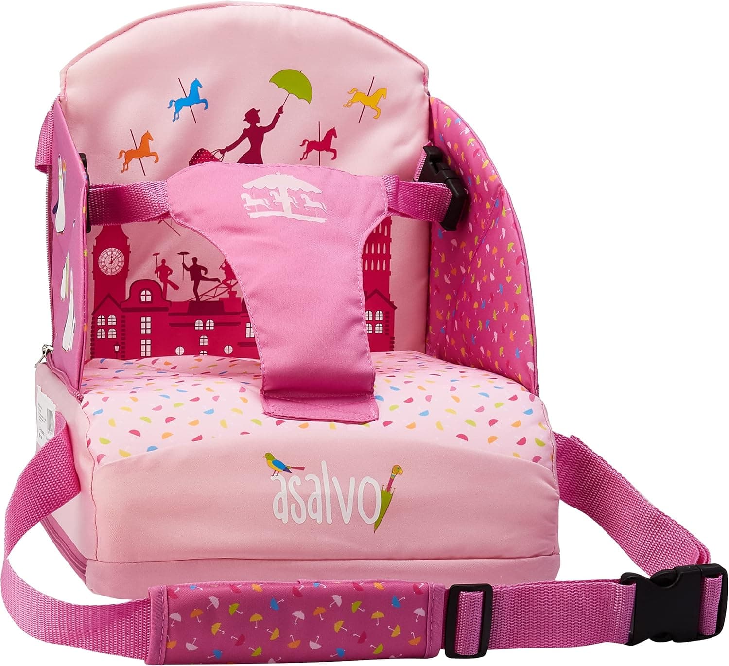 Asalvo BOOSTER CUSCUS Cadeira alta de viagem portátil para bebés, assento elevador para comer, dobrável, arnês de segurança, bolso embutido, encosto 25 cm, de 6 meses a 15 kg, Londres rosa