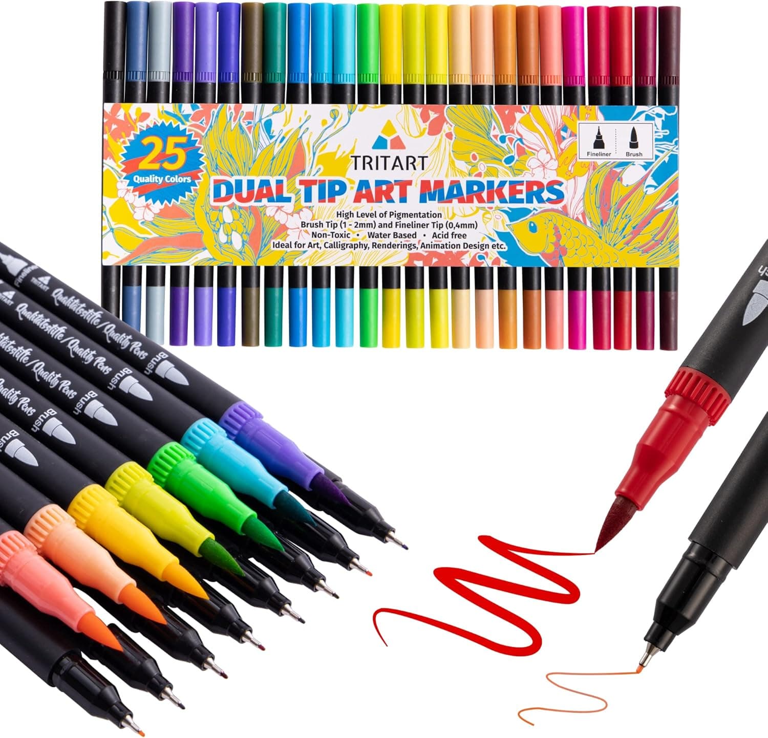 Tritart 25 Marcadores de ponta dupla para caligrafia - pincel de ponta de ponta fina e fina para lettering, canetas de cores profissionais para adultos