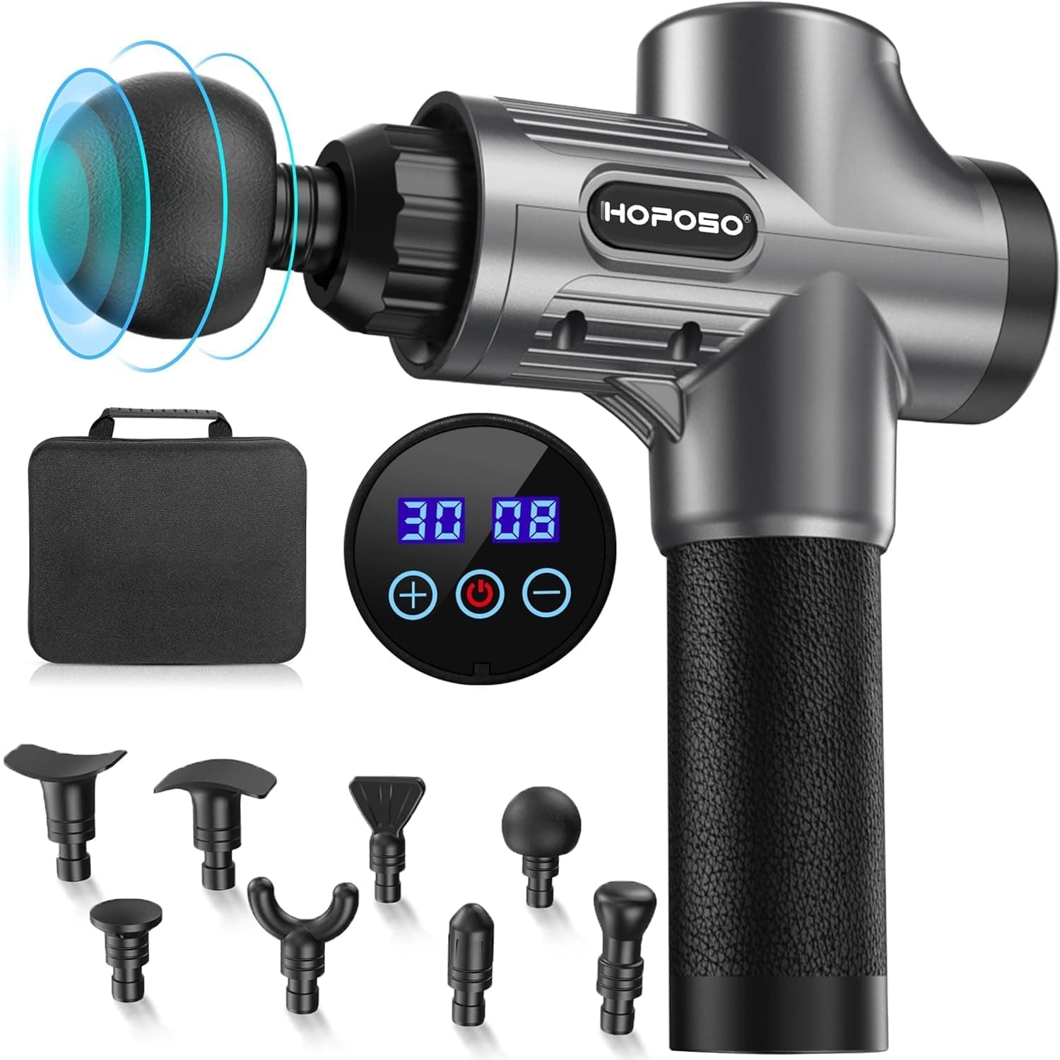 Pistola de massagem muscular, elétrica massajador de músculos de tecido profundo com 30 velocidades, 8 cabeças, ecrã LCD tátil, tipo C Massage Gun (cinzento prateado)