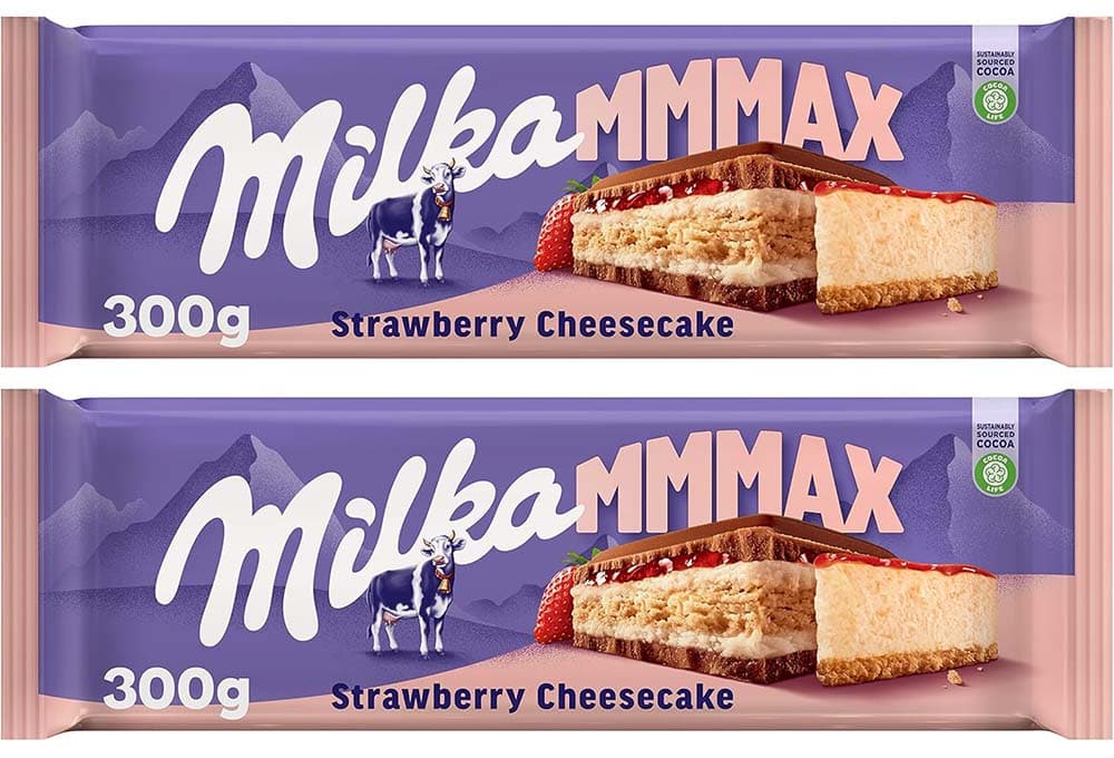 Milka MMMAX Tablet grande de chocolate com leite dos alpes com recheio de bolo de queijo com bolacha e morango, 300 g x 2