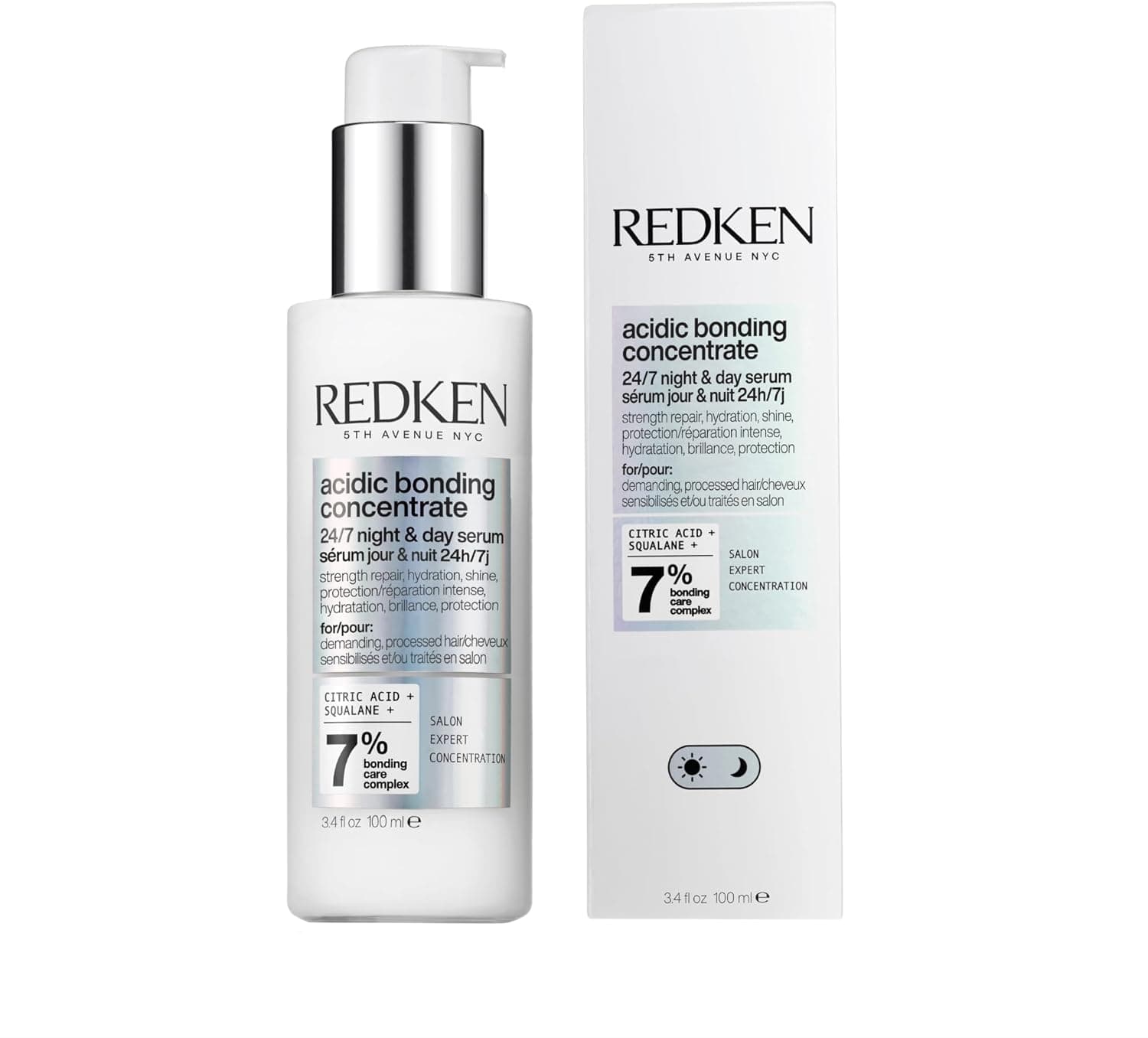 Redken Sérum 24/7 Dia e noite sem enxaguar para cabelo danificado com ácido cítrico, ácido poliglutâmico e esqualano, reparação profunda e fragrância a lavanda, ácido concentrate, 100 ml