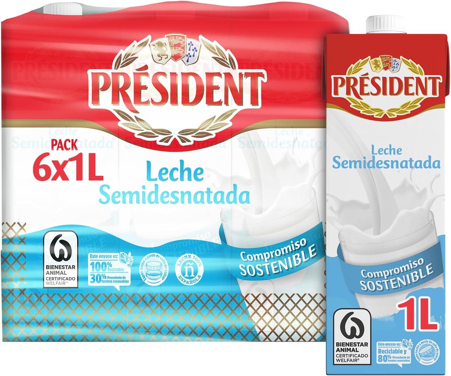 President Leite semi-desnatado, 1L x 6