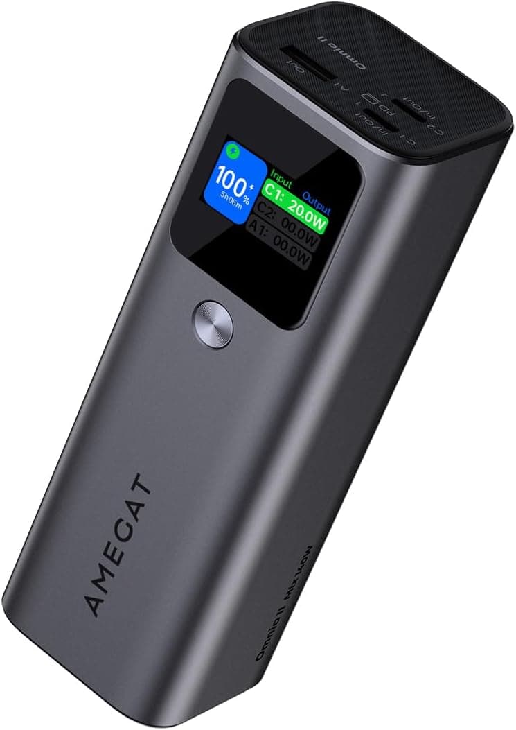AMEGAT Power Bank 140 W, bateria externa PD 3.1 USB C Input & Output com 3 portas, ecrã digital, para portáteis, tablets, smartphones, auriculares e muito mais