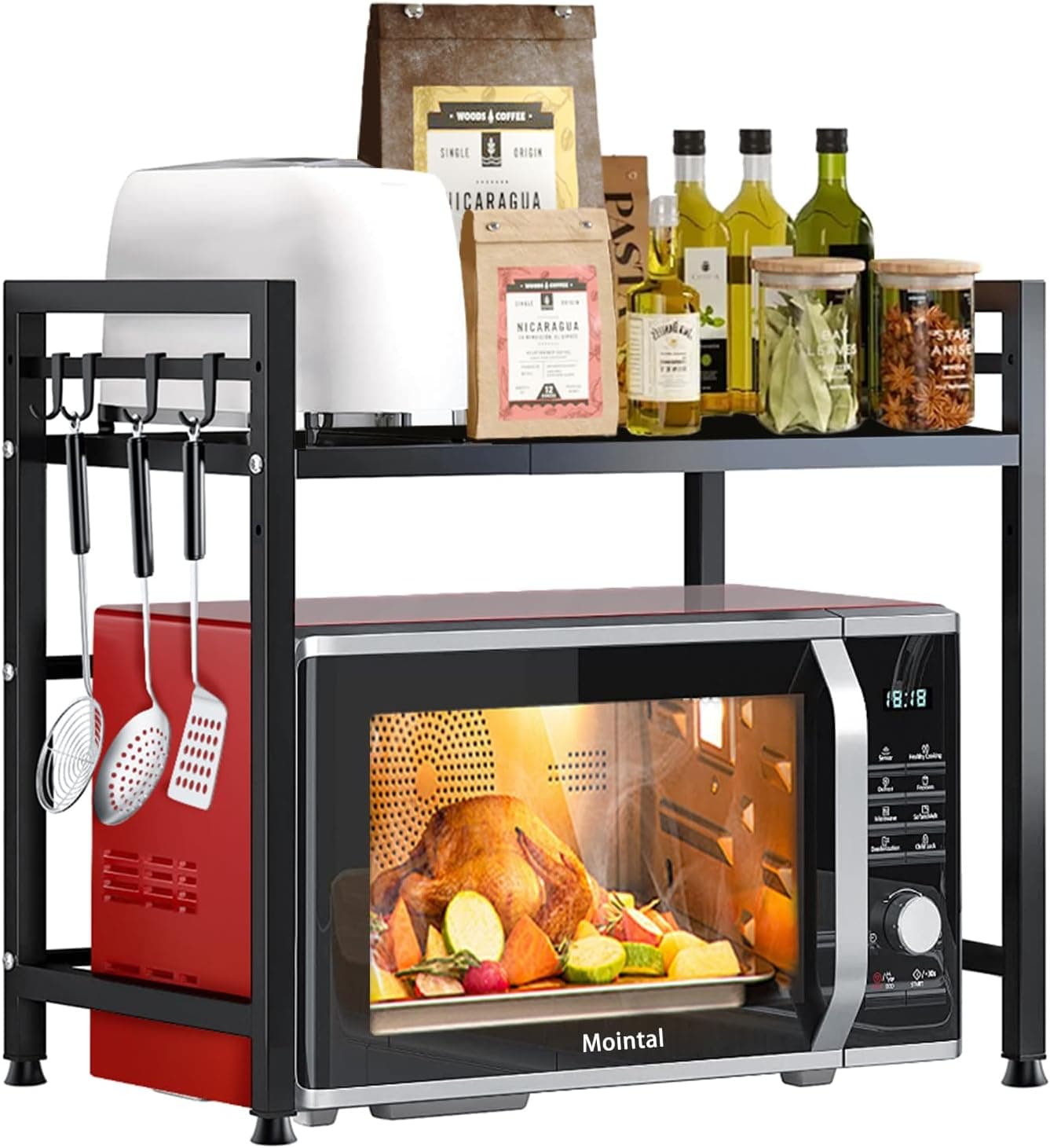 Mointal Suporte ajustável para micro-ondas, prateleira expansível para micro-ondas de cozinha 2 níveis, suporte em aço carbono para micro-ondas, organizador para balcão de cozinha com 8 ganchos, preto