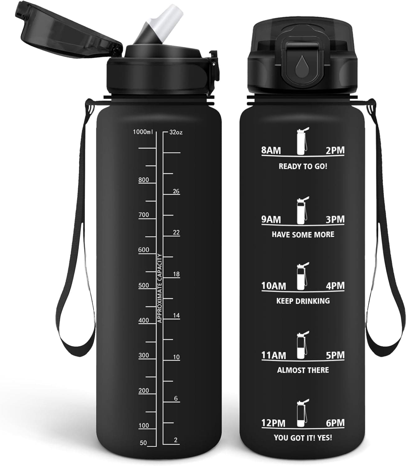 HoneyHolly Garrafa de água de 1 litro, livre de BPA e à prova de fugas, garrafa de água, com palhinha, garrafa de água ginásio, com marcador de tempo, cantil para desporto, bicicleta, ginásio, escola