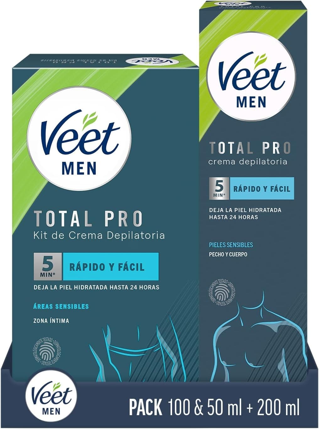 Veet Men Kit de depilação para zonas íntimas do corpo, 100 ml + 50 ml, Veet Men creme de depilação corporal para homem, 200 ml