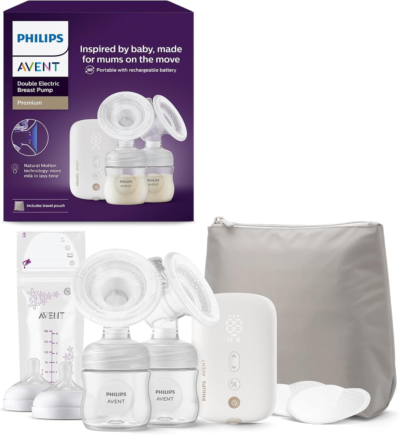 Philips Avent extrator de leite elétrico duplo, potência hospitalar e motor recarregável, inspirado na sucção natural dos bebés, mala de viagem, modelo SCF398/31