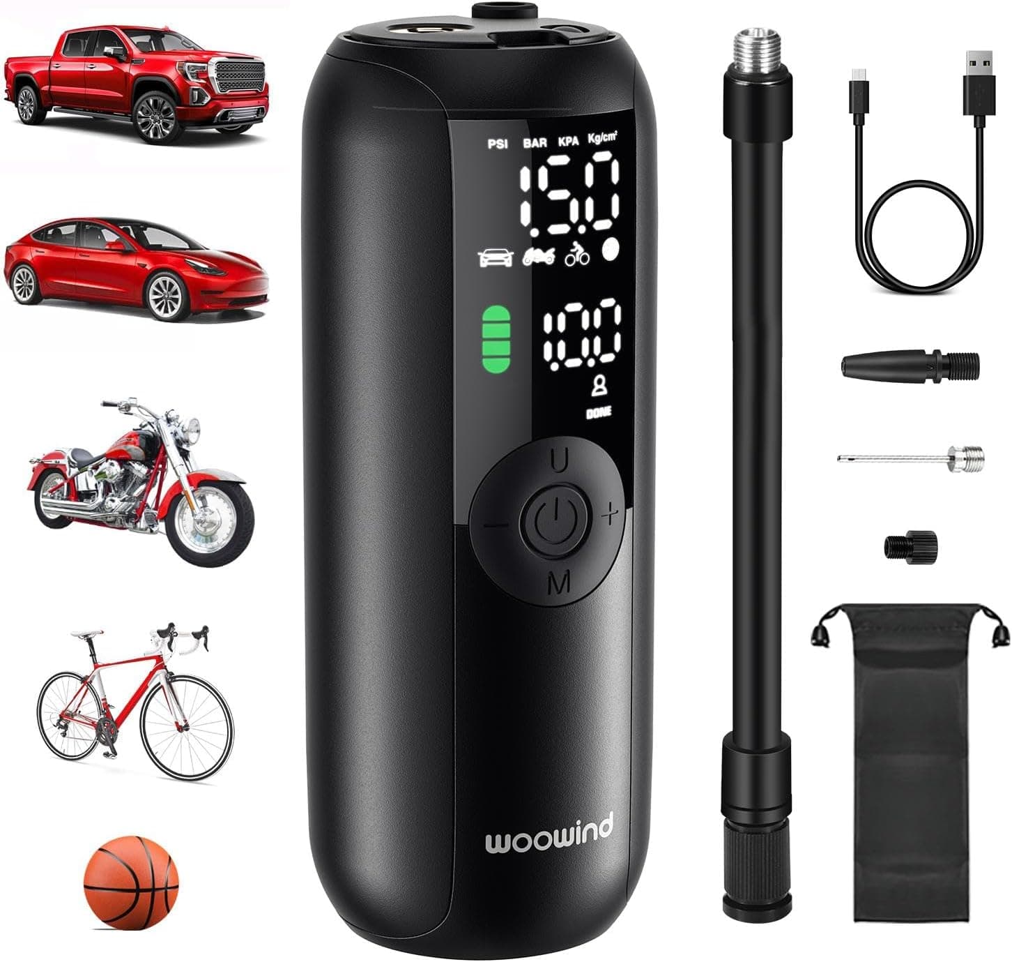 Woowind LP1 Compressor de ar portátil, 150 PSI, insuflador de rodas de carro recarregável, insuflador elétrico para carro, motociclo, scooter, bicicleta, balões
