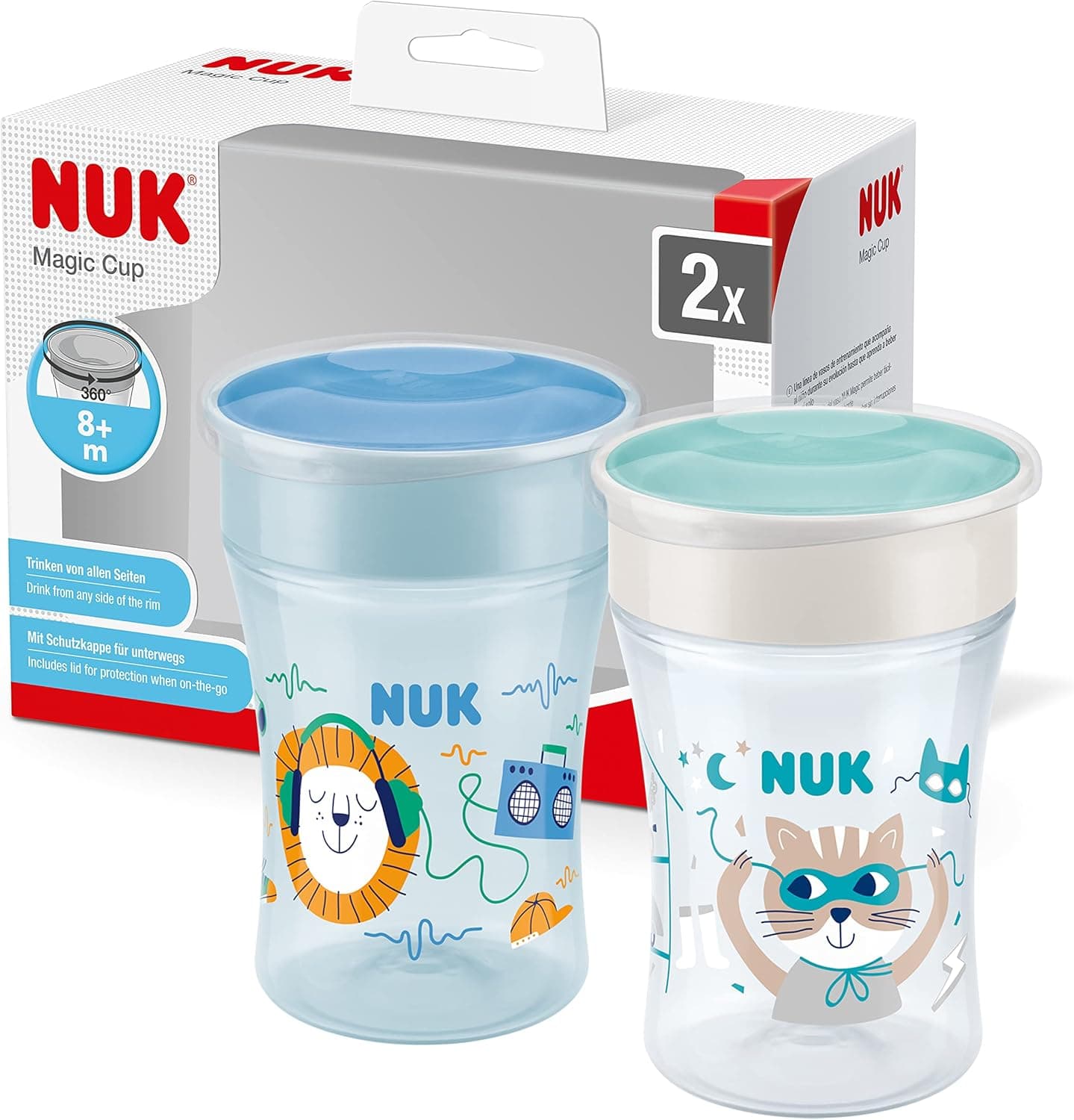 NUK Magic Cup copo anti-derrame para bebé, borda à prova de derrames de 360°, +8 meses, sem BPA, 230 ml, leão (azul), 2 unidades