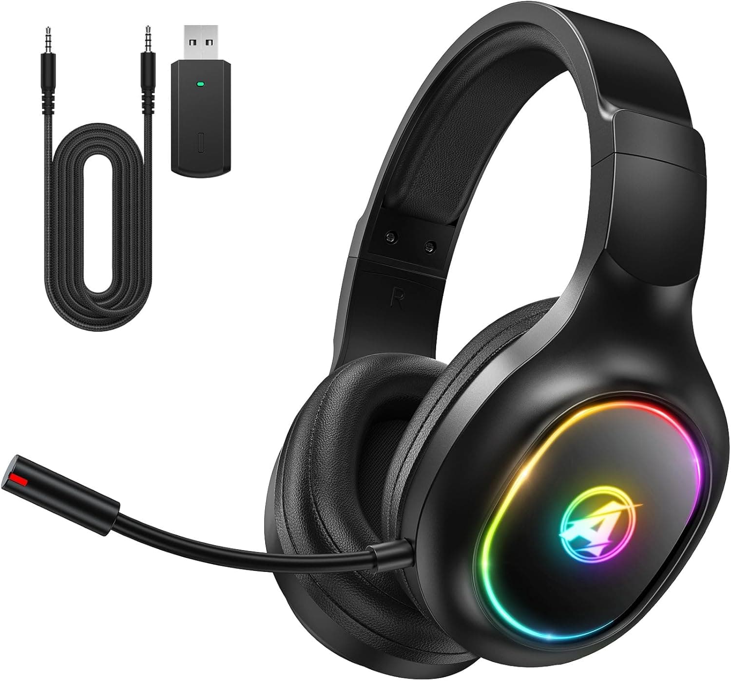 Awinnasey Capacetes Gaming sem fios para PS4, PS5, PC, Mac, Switch, auriculares Gaming com cancelamento de ruído e luz RGB, 2,4 GHz, som estéreo 7.1, auriculares Bluetooth preto
