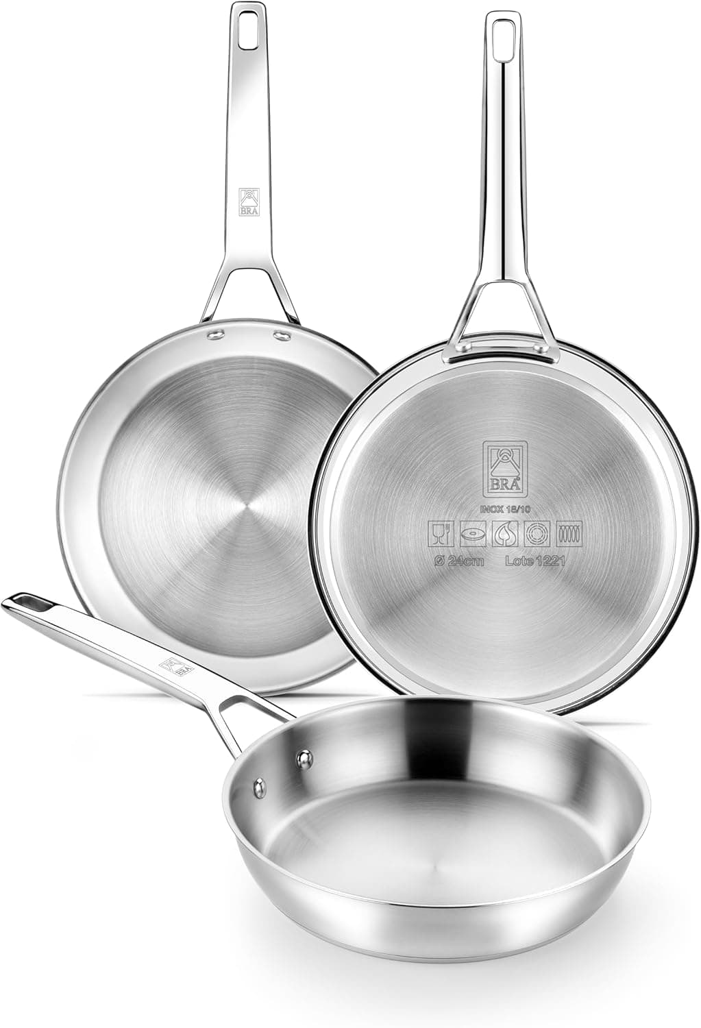 BRA Signature Set 3 frigideiras 20-24-26, aço inoxidável 18/10 profissional sem anti-aderente, fundo triplo difusor adequado todos os tipos de cozinha e indução, acabamento polido