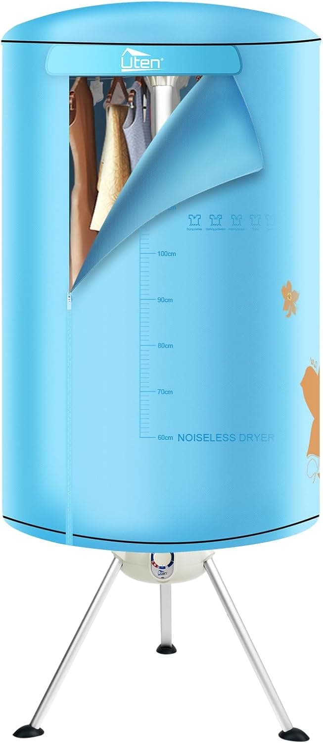 Uten Secador de roupa elétrica portátil 1000 W com redução de ruído para quartos familiares, alta capacidade fácil de armazenar (redondo - azul claro)