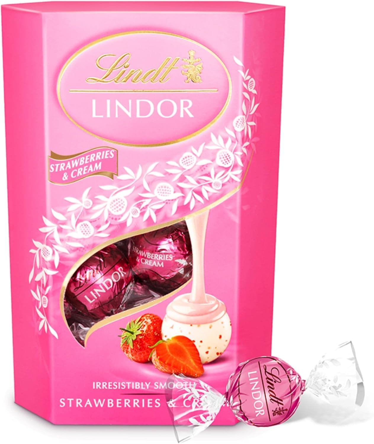 Lindt LINDOR Chocolate branco e morango, dia dos namorados para presentear, caixa de bombons de morango, morango e nata, bombons para oferecer, 16 chocolates, 200 g