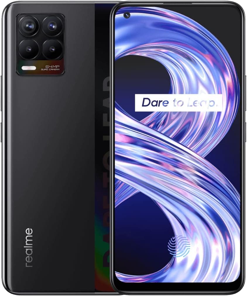 realme Smartphone livre de 8, câmara quádrupla com IA de 64 MP, ecrã completo AMOLED superior de 6,4", carregamento Dart de 30 W, bateria maciça de 5000 mAh, Dual Sim, NFC, 4 + 64 GB, preto