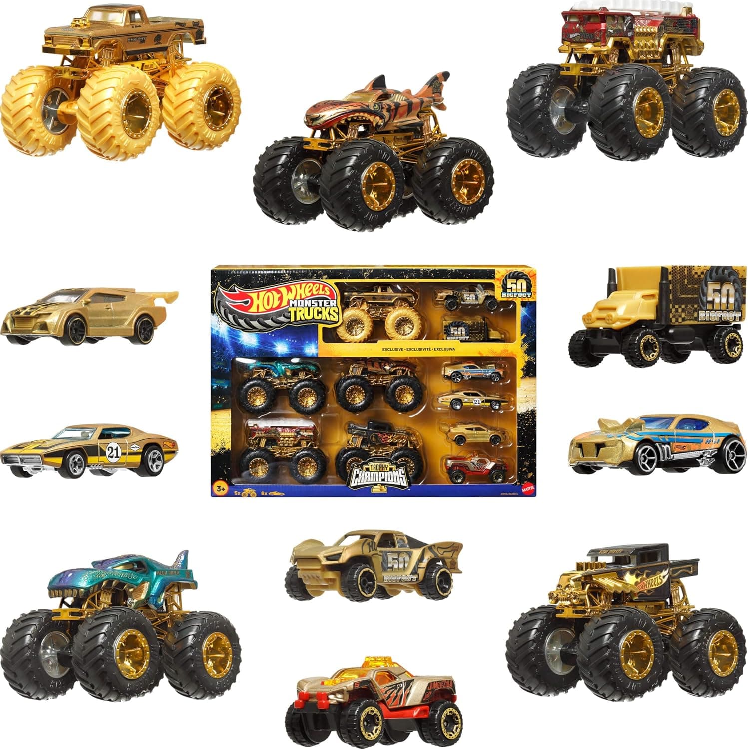 Hot Wheels Monster Trucks campeões de troféu coleção de carros e camiões, com veículos metálicos: Bigfoot, 5-alarm, Bone Shaker, Mega-Wrex e Tiger Shark, além de seis carros, JDW07
