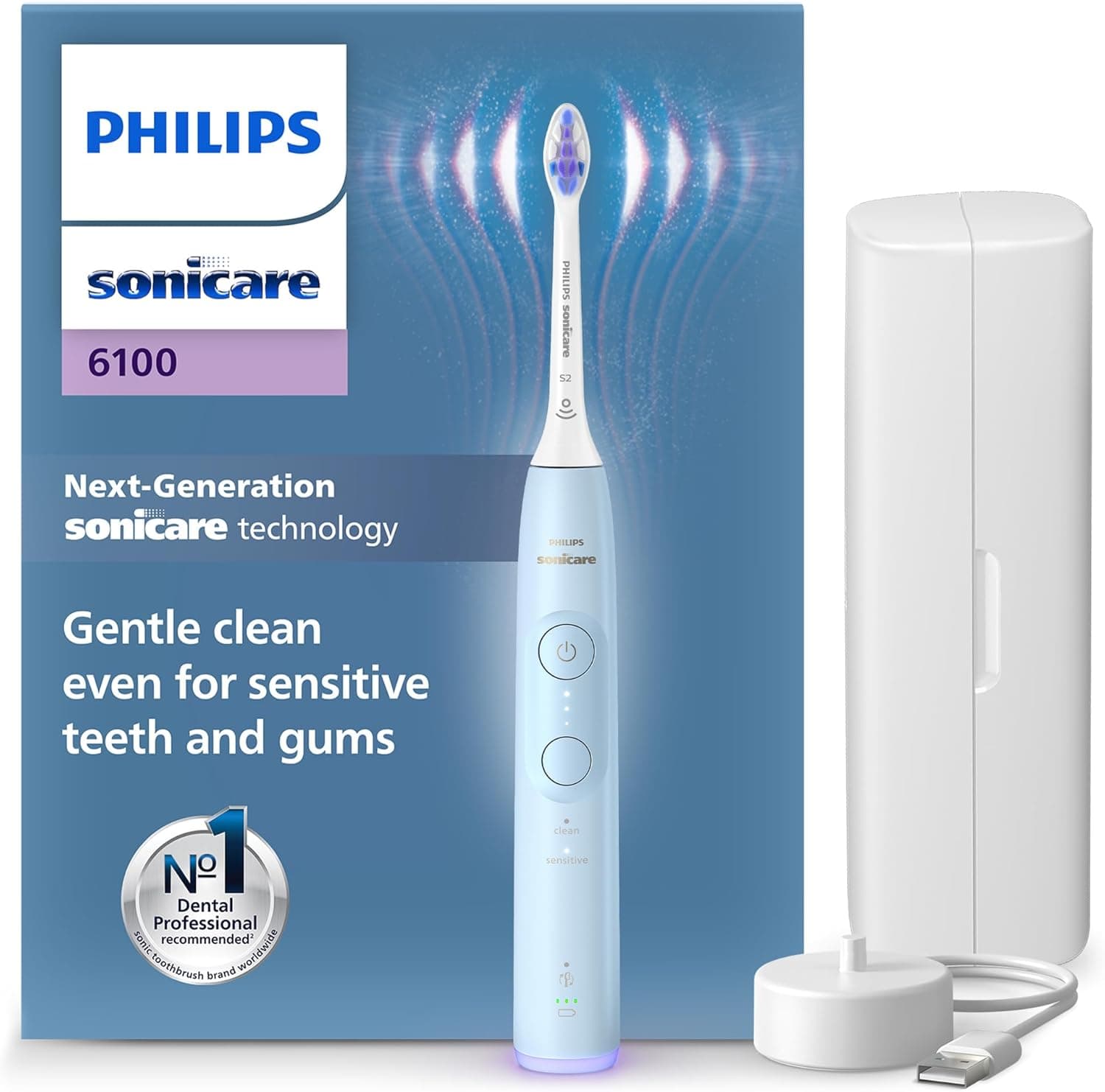 Philips Sonicare 6100 escova de dentes elétrica, sónica, 2 modos de escovagem, 3 níveis de intensidade, alerta de pressão, EasyStart, SmarTimer, azul claro, HX7406/02 [nova tecnologia]