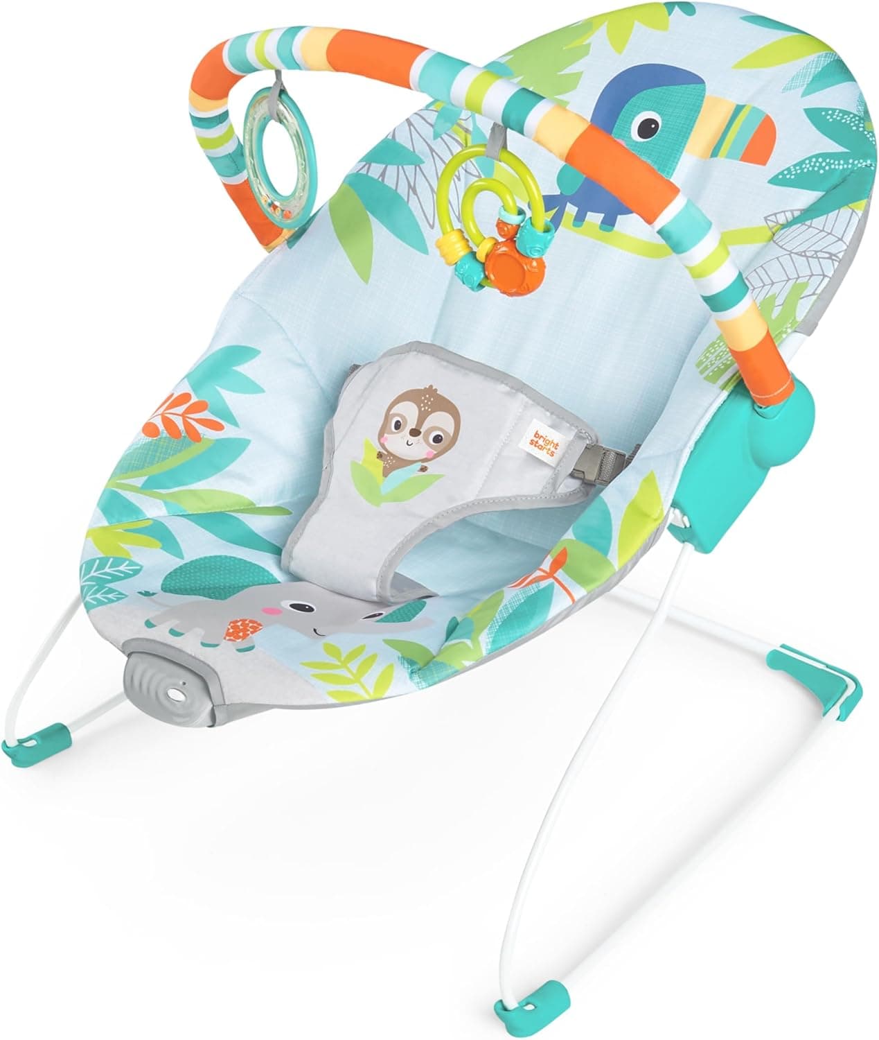 Bright Starts, Rede de cadeira para bebé Rainforest Vibes - vibrações relaxantes, arco de brincar com 2 brinquedos, arnês de 3 pontos, do recém-nascido aos 9 kg
