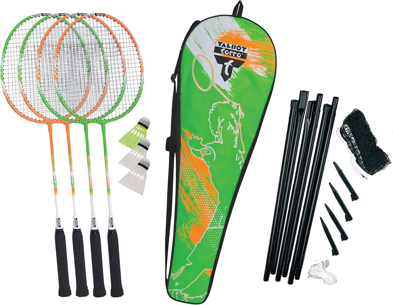 Talbot Torro Conjunto de badminton 4-Attacker Plus, 4 raquetes, 3 folhos, conjunto completo de rede
