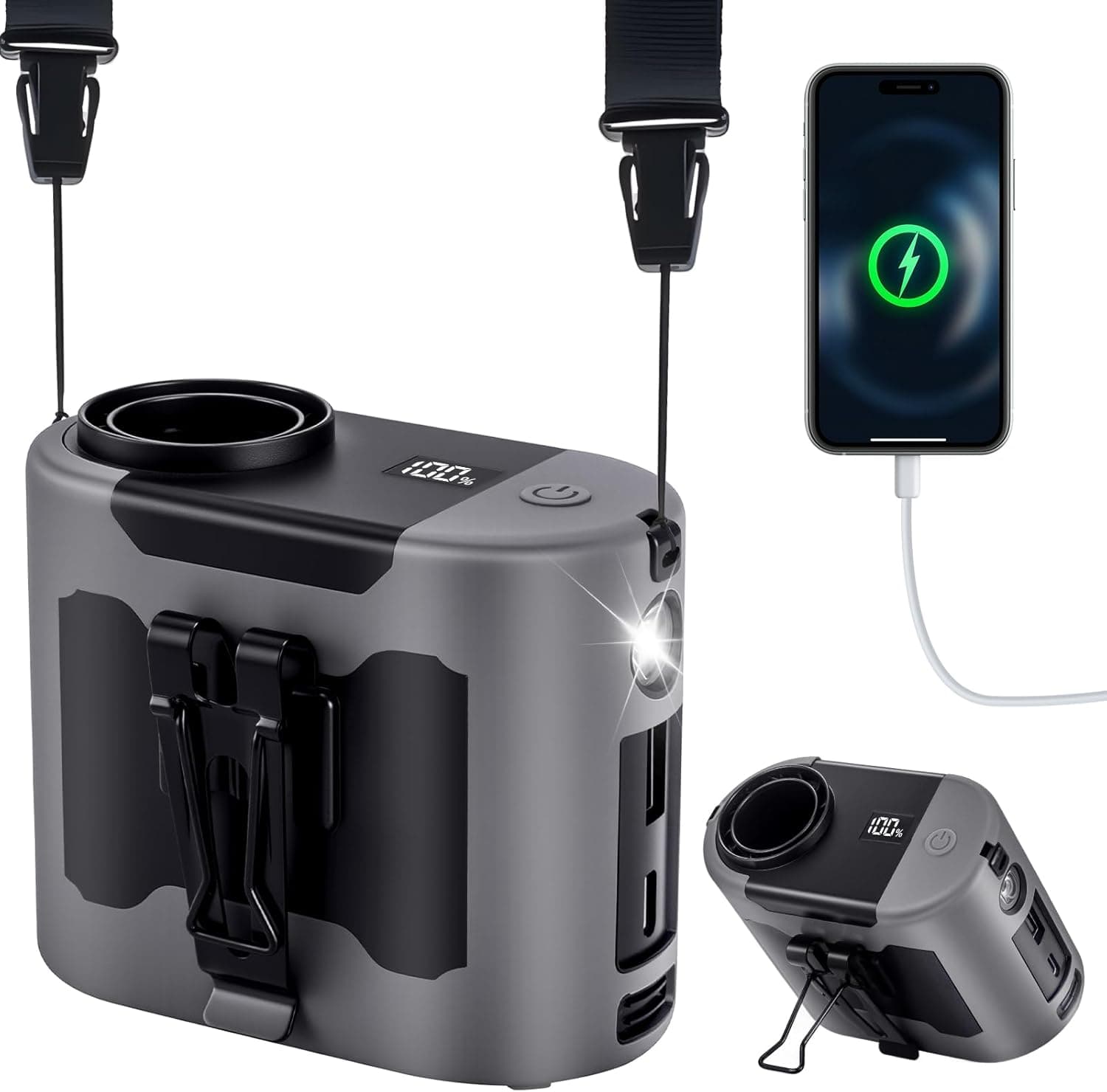 POPERFUN Ventoinha portátil de 14800 mAh, recarregável, com luz LED, bateria de 40 horas, 5 velocidades, 16000 rpm, com clip para colocar em pé ou prender à roupa