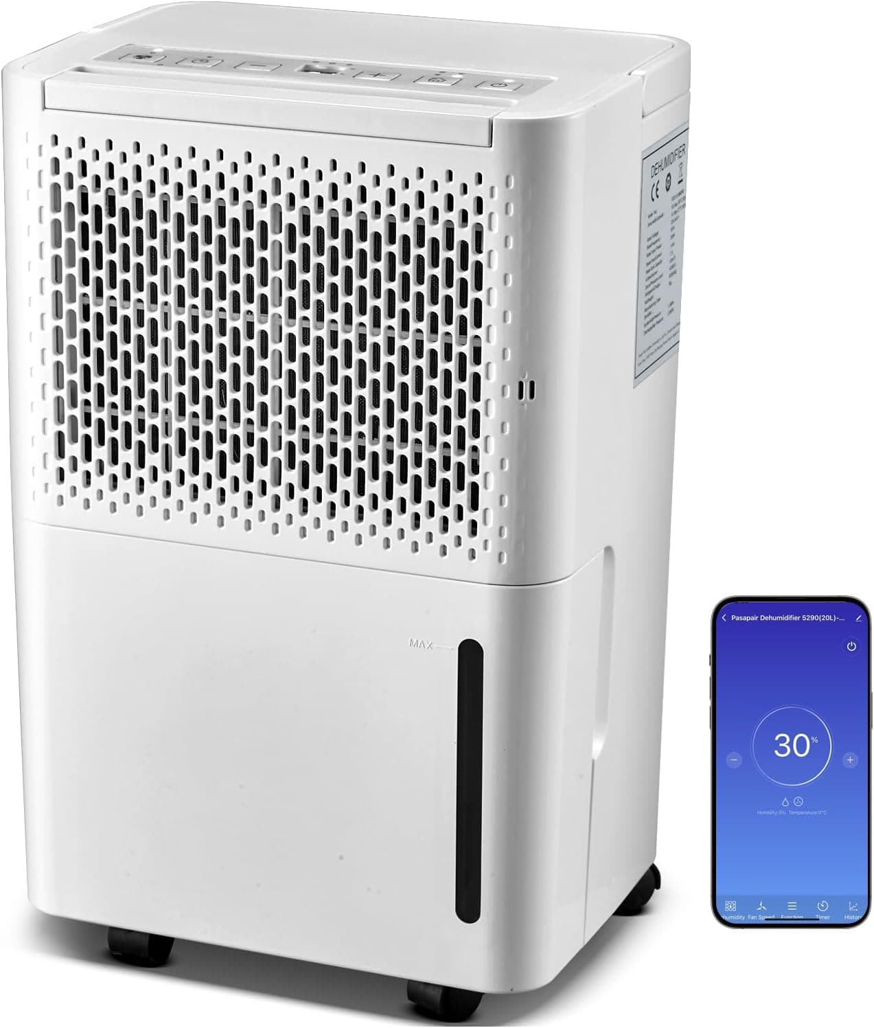 Pasapair Deshumidificador elétrico portátil 12 l / dia para quartos de até 120 m³ (~ 20 m²) com ecrã LED, sensor de humidade, 3 modos, drenagem contínua, temporizador 24 horas