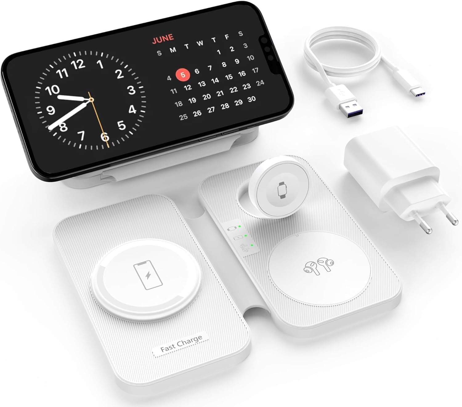 RoRoSkin 3 em 1 MagSafe | Base de carregamento sem fios 15 W para iPhone, Apple Watch e AirPods com adaptador USB‑C