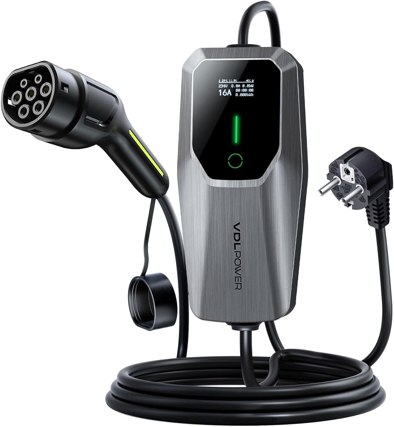VDLPOWEREU Carregador de carro elétrico, carregador de veículo elétrico de 3,6 Kw/5 m tipo 2, cabo de carregamento de veículo elétrico 8-16 A, com tomada UE para tomadas padrão da UE IEC 62196-2