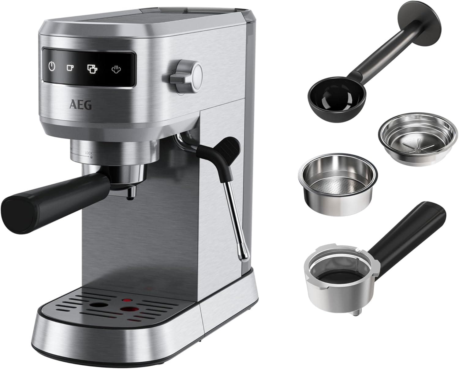 AEG Cafeteira expresso compacta, EC6-1-6ST, 15 bares, café moído e monoodose, ecrã tátil, espumador de leite, depósito 1 l, desliga automática, Inox