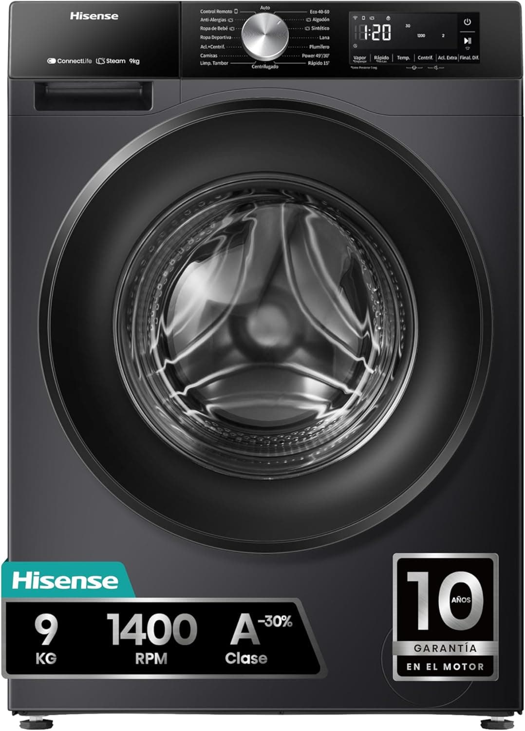 Hisense WF3S9043BB3 | Máquina de lavar roupa 9 kg com 1400 rpm e 14 programas em preto