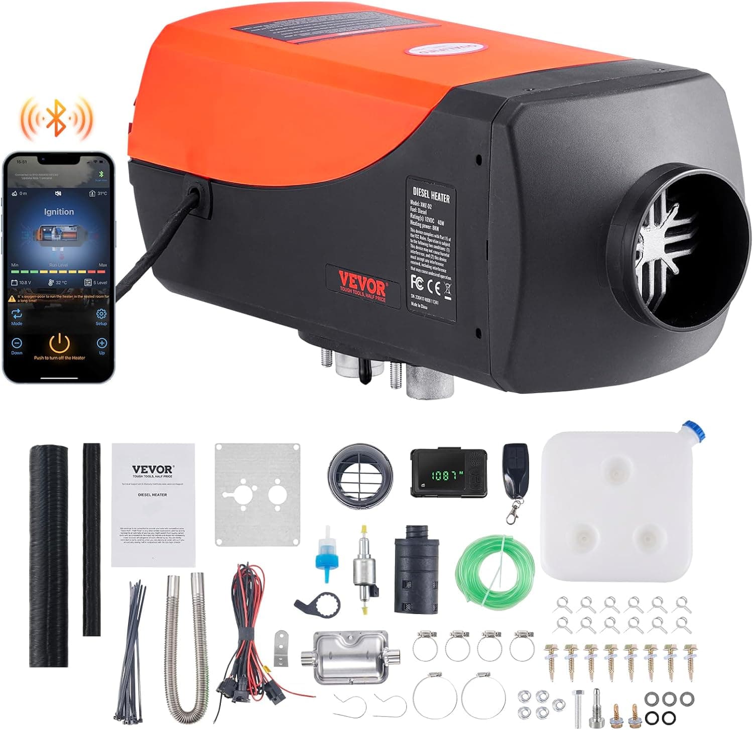 VEVOR Aquecedor de ar diesel 12 V 5-8 KW consumo 0,16-0,62 L/h aquecimento estacionário 8 ~ 36 °C ajustável 20-25 m² controlo inteligente com LCD Bluetooth comando 10 l distância tanque para camião