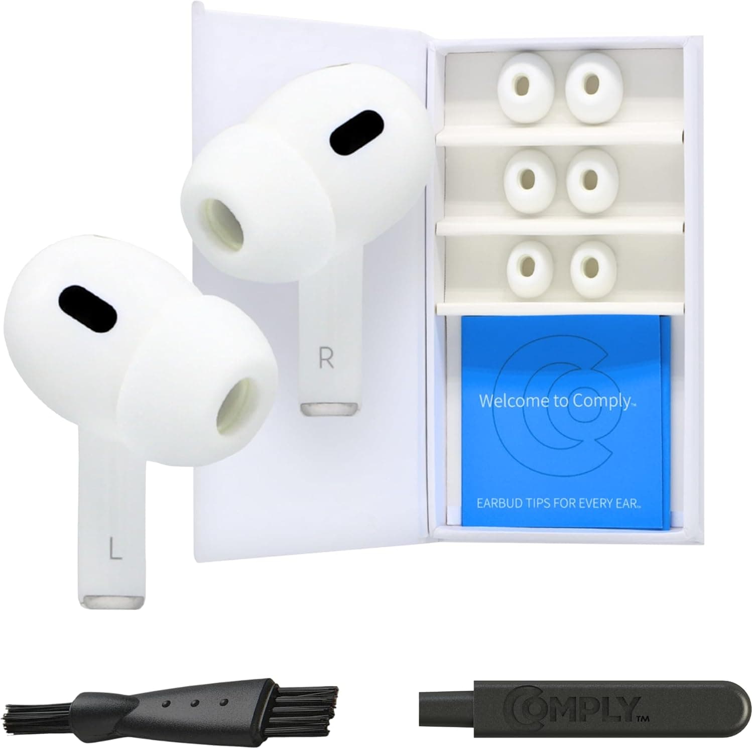 COMPLY Tampões para os ouvidos de espuma premium compatíveis com Apple AirPods Pro Gen 1 e 2, tamanho S/M/L, nova versão 2025 com ferramenta de desmontagem e limpeza, branco, 3 pares