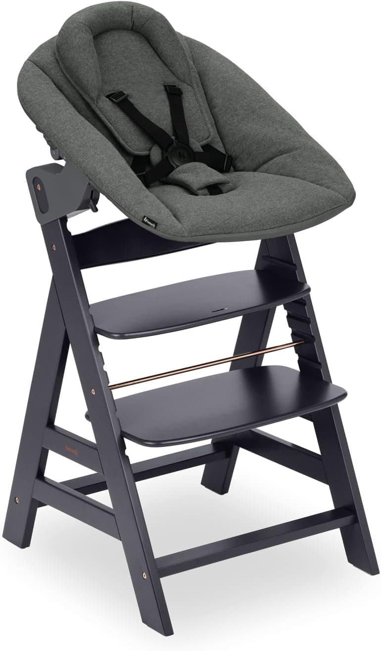 hauck Alpha Newborn Set Plus - Cadeira evolutiva bebé com rede bebé reutilizável desde o nascimento, cadeira evolutiva madeira certificada FSC®, altura regulável cinzento