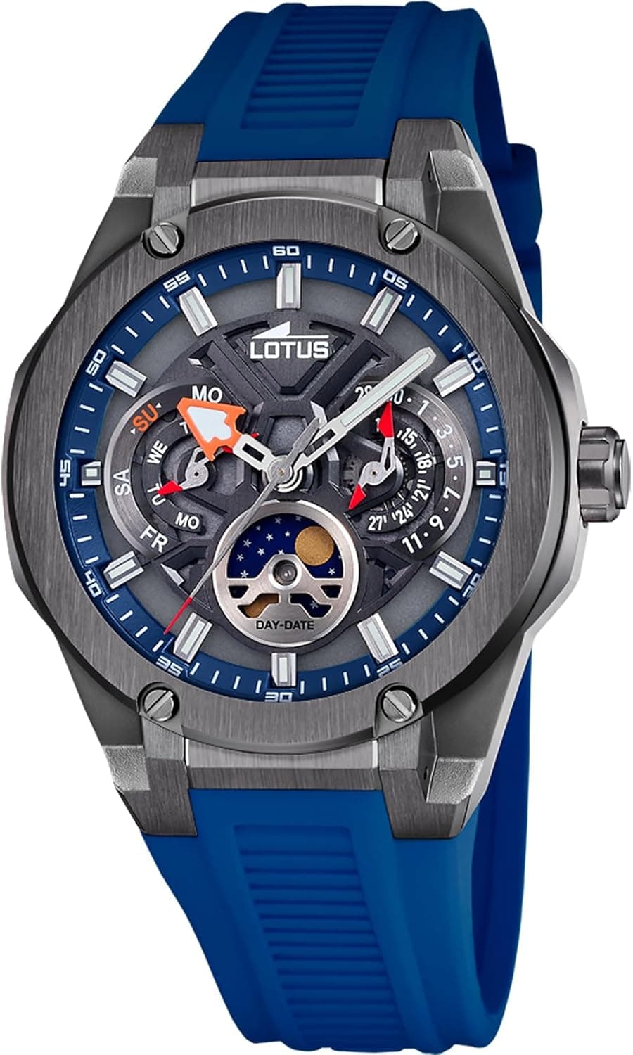 Lotus Relógio masculino 18946/4 Vortex com fase lunar caixa de aço inoxidável 316 l preto correia de borracha azul